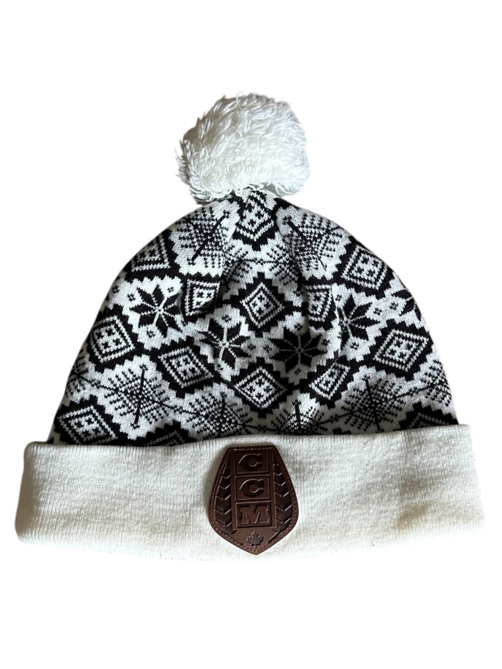 CCM Nordic Fair Isle Pom Pom Beanie Fleece Lined Winter Hat Black White
